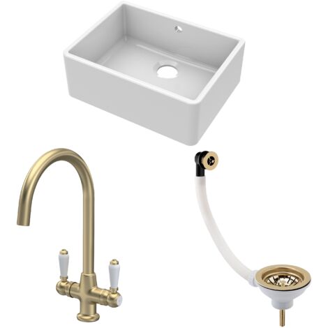 Fireclay Kitchen Bundle - 595mm Single Bowl Butler Sink with Overflow, Waste & Mono Lever Handle Tap in Brushed Brass - Balterley