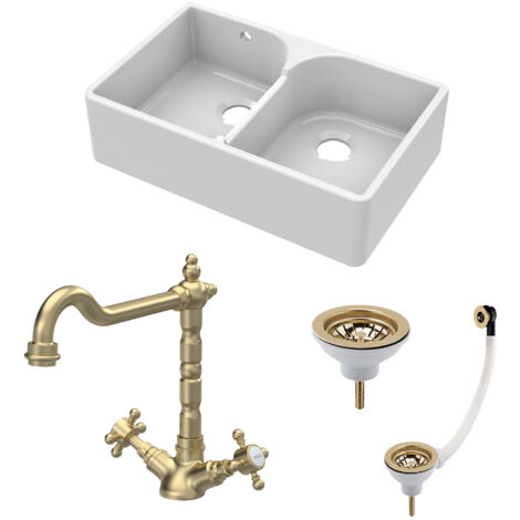 Fireclay Kitchen Bundle - 795mm Double Bowl Stepped Weir Butler Sink with Wastes & French Tap - Brushed Brass