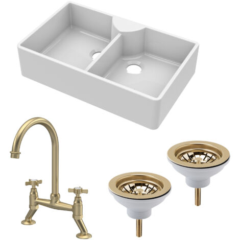 Fireclay Kitchen Bundle - 895mm Double Bowl Butler Sink with 2 Wastes & Bridge Crosshead Tap - Brushed Brass