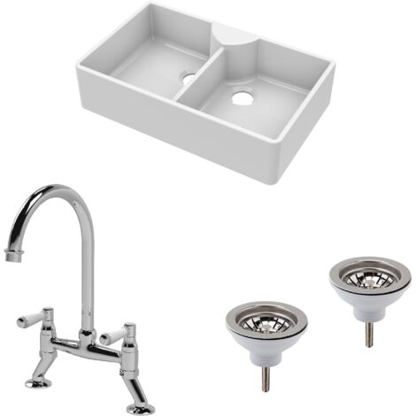 Fireclay Kitchen Bundle - 895mm Double Bowl Butler Sink with 2 Wastes & Bridge Lever Tap - Chrome
