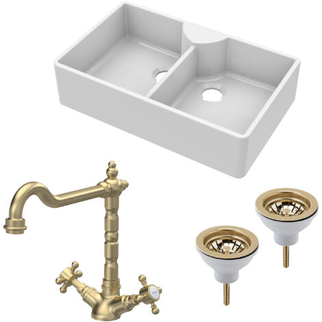 Fireclay Kitchen Bundle - 895mm Double Bowl Butler Sink with 2 Wastes & French Classic Tap - Brushed Brass