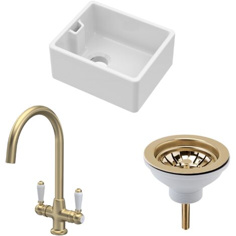 Fireclay Kitchen Bundle - Compact 460mm Single Bowl Belfast Sink, Strainer Waste & Mono Lever Handle Tap Brushed Brass - Balterley