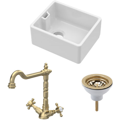 Fireclay Kitchen Bundle - Compact Single Bowl Belfast Sink, Strainer Waste & French Classic Tap, 460mm - Brushed Brass - Balterley