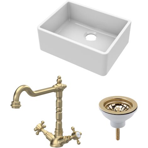Fireclay Kitchen Bundle - Single Bowl Butler Sink, Strainer Waste & French Classic Mono Tap, 595mm - Brushed Brass - Balterley