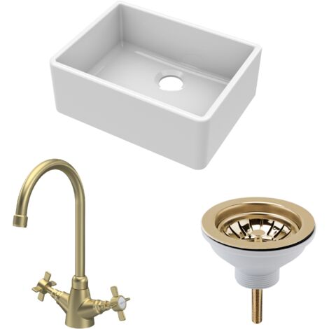 Fireclay Kitchen Bundle - Single Bowl Butler Sink Strainer Waste & Mono Crosshead Handle Mixer Tap, 595mm Brushed Brass Balterley