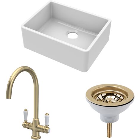 Fireclay Kitchen Bundle - Single Bowl Butler Sink + Strainer Waste & Mono Lever Handle Mixer Tap, 595mm Brushed Brass - Balterley