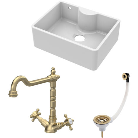 Fireclay Kitchen Bundle - Single Bowl Butler Sink with Overflow, Tap Ledge, Waste & Classic Tap, 595mm - Brushed Brass - Balterley