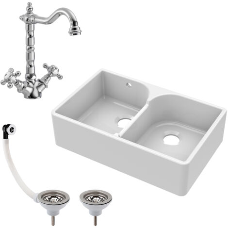 Fireclay Kitchen Sink - 795mm Double Bowl Butler with Stepped Weir, Classic Tap & Wastes - Kitchen Bundle Set