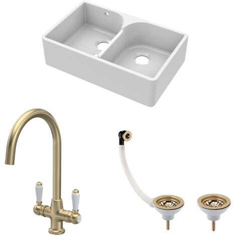 Fireclay Kitchen Sink Bundle - 2 Bowl Butler Sink with Stepped Weir, Wastes & Lever Tap - 795mm Brushed Brass