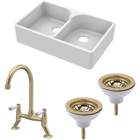 Fireclay Kitchen Sink Bundle - 2 Bowl Stepped Weir Butler Sink, Wastes & Bridge Lever Tap, 795mm - Brushed Brass