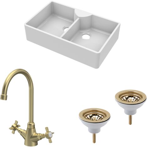 Fireclay Kitchen Sink Bundle - 895mm Double Bowl Butler with 2 Wastes & Mono Crosshead Tap - Brushed Brass