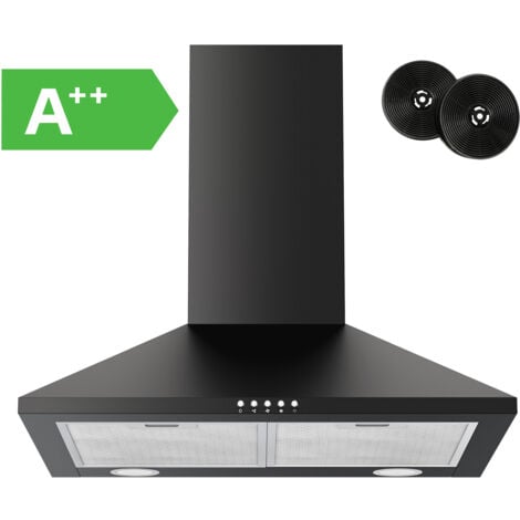 FIREGAS Black 60 cm Chimney Cooker Hood with Brushless Motor, Extractor Hood with LED and Recirculating & Ducting System Wall Mounted Range Hood with Recirculating Carbon Filter [Energy Class A++]