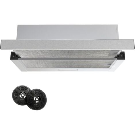 FIREGAS Campana Extractora Telescópica o Extraplana 60 cm, Montaje integrado, Capacidad de Succión de 350 m³/h, Iluminación LED, 2 Niveles de Potencia, Filtros de Carbono, Acero Inoxidable