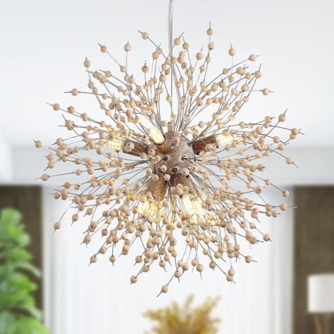 Firework Chandeliers Wooden Beads Dandelion Pendant Light 8-Lights Hanging Lamp for Living Room Dining Room Bedroom Kitchen Foyer G9 (Bulb not Included)