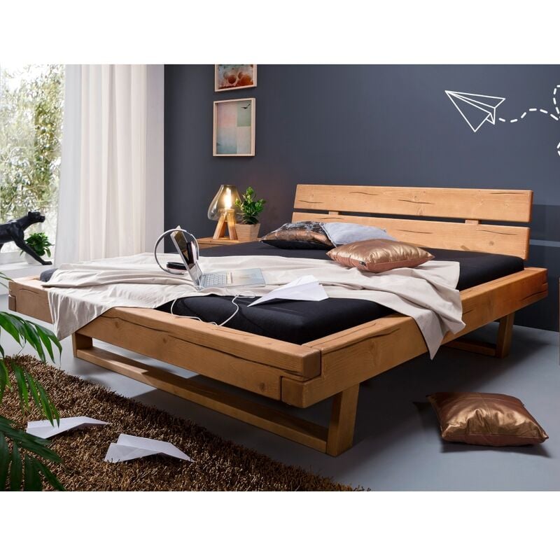 3 S Frankenmöbel Vertirebs - Firrel Bett in Kiefer massiv eichefarbig, honig gebeizt und geölt, Doppelbett 180 x 200 cm, Balkenbe-'SW14498'