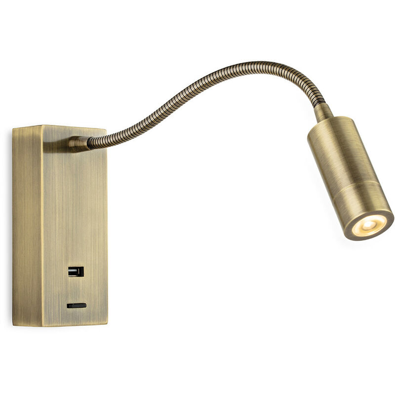 Firstlight Clifton LED Flexi Wall Reading Light & USB Antique Brass