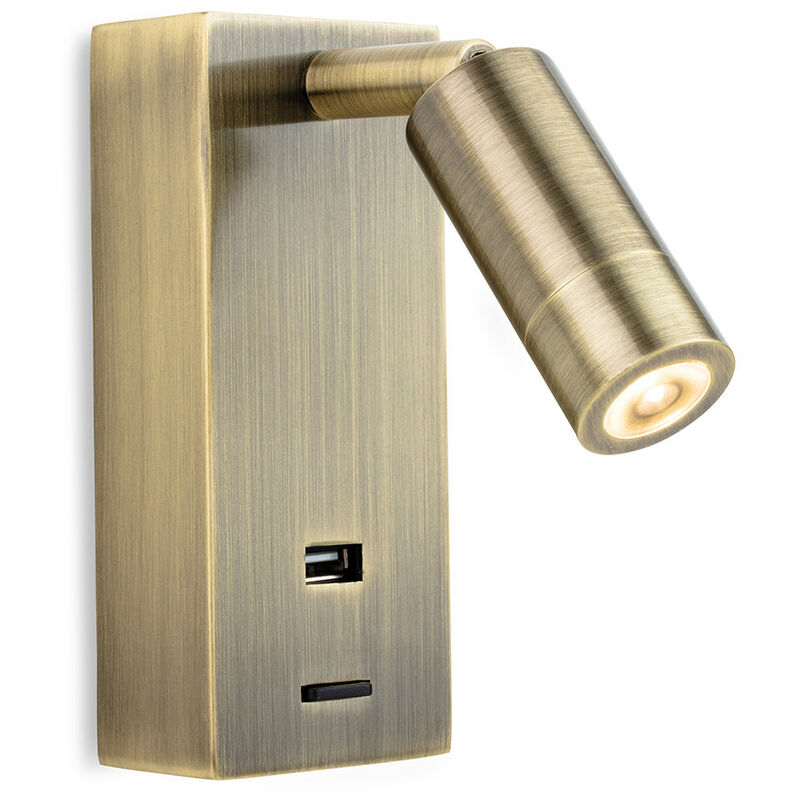 Firstlight Clifton LED Wall Reading Light & USB Port Antique Brass