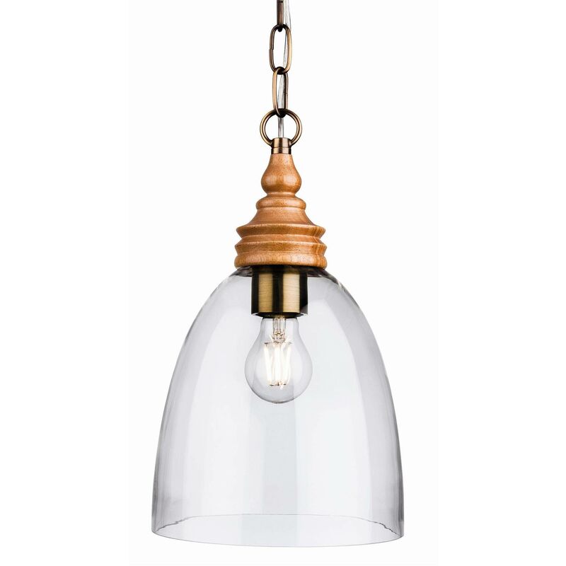 Comet - 1 Light Dome Ceiling Pendant Natural Wood with Clear Glass, E27 - Firstlight