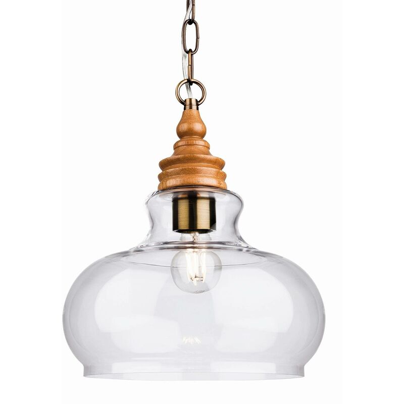 Comet - 1 Light Dome Ceiling Pendant Natural Wood with Clear Glass, E27 - Firstlight