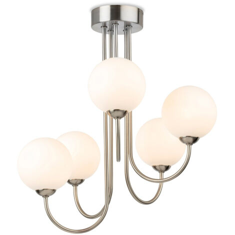 Firstlight Lyndon 5 Light Globe Flush Fitting Acier Brossé avec Verre Blanc Opale