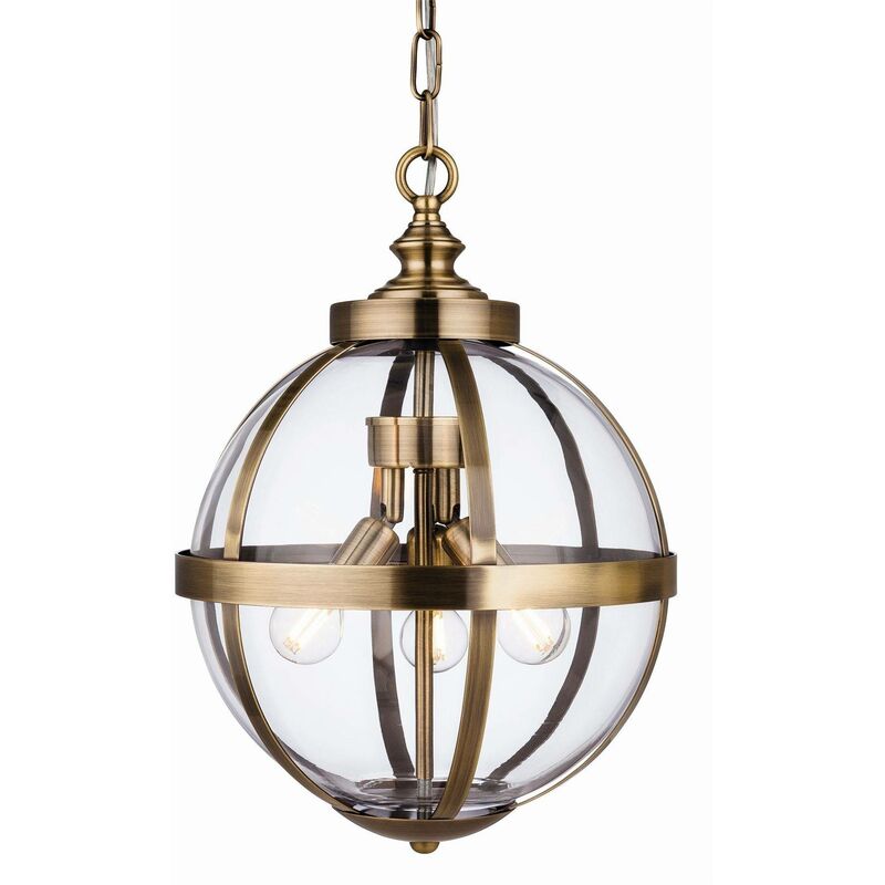 Monroe - 3 Light Cage Ceiling Pendant Antique Brass with Clear Glass, E14 - Firstlight
