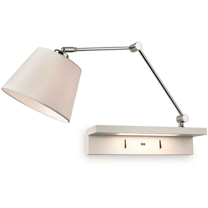 Firstlight Rex - 1 Light Indoor Wall Light Light, Shelf & USB Port Chrome, Cream Shade and White Shelf, E27