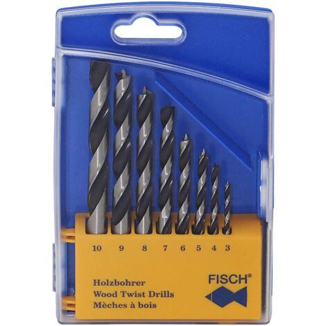 Fisch 01200008K - Set di 8 punte elicoidali standard per legno, in scatola di plastica, 0 V, multicolore, 3-10 mm