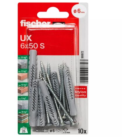 FISCHER 090872 Universaldübel UX 6x50 S mit Schraube, 10 Stk