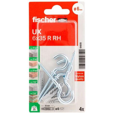 FISCHER 094619 Universaldübel UX 6x35 RH mit Rundhaken, 4 Stk