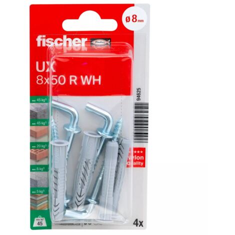FISCHER 094625 Universaldübel UX 8 x 50 WH mit Winkelhaken, 4 Stk