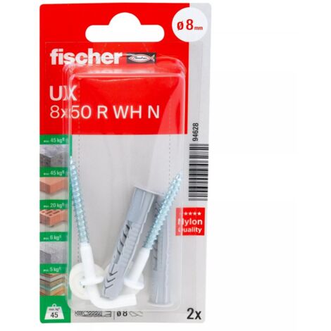 FISCHER 094628 Universaldübel UX 8 x 50 RH mit Winkelhaken, nylonbeschichtet, 2 Stk