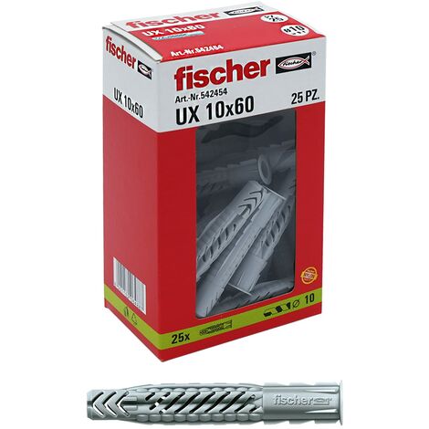 Fischer 25 Tasselli UX, 10 x 60 mm, per Muro pieno, Mattone Forato, Cartongesso, 542454