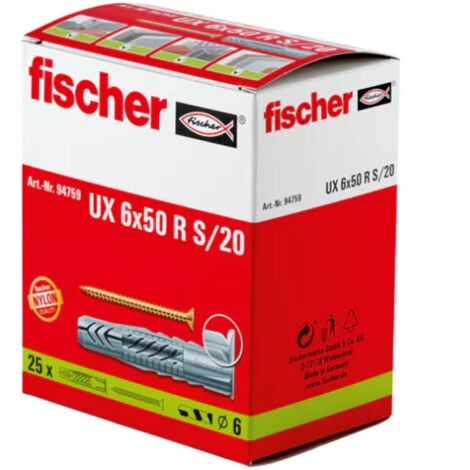 Fischer 25x Chevilles universelles UX 6 x 50 R S/20 avec collerette et vis - 94759