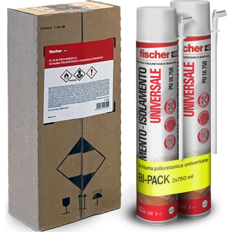 Fischer 2x 750ml Bi-Pack Schiuma Poliuretanica Espansa Isolante in Imballo Protettivo con Erogatore, Universale per Riempimento Muro, Telai Porte, Infissi, Finestre [AMAZON EXCLUSIVE]