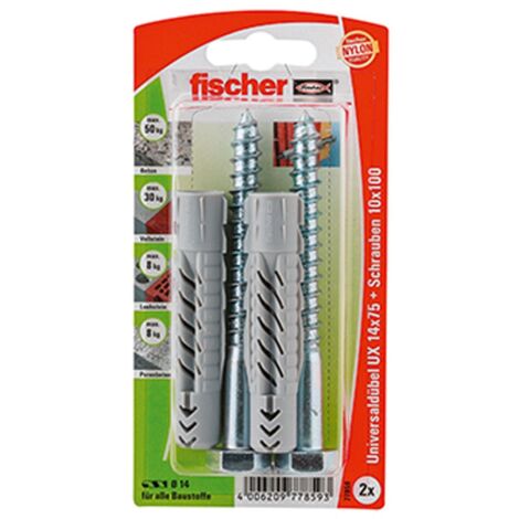 Fischer 2x Cheville universelle UX 14 x 75 mm S avec vis - 77859
