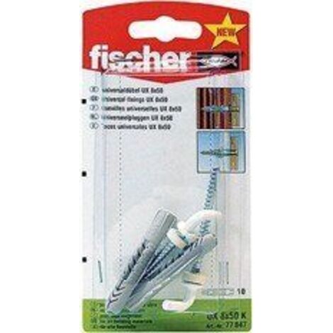 Fischer 2x Cheville universelle UX 8x50 RH avec crochet à visser, revêtement nylon - 94296