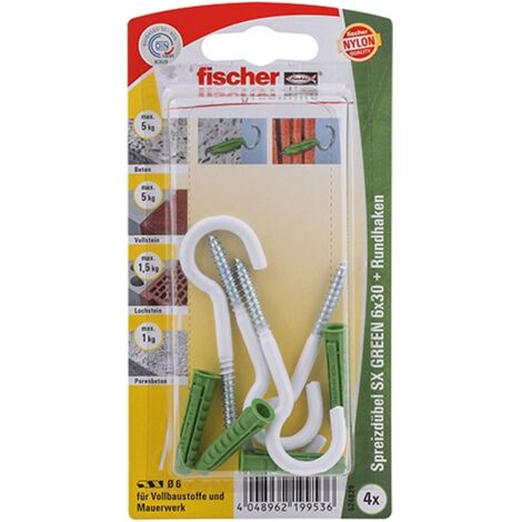 Fischer 4x cheville à expansion SX GREEN 6x30 RH N avec crochet rond en nylon - 524829 Fin de série