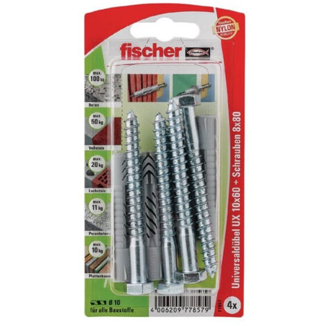 Fischer 4x cheville universelle UX 10 x 60 mm S avec vis - 77857
