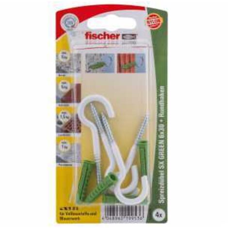 Fischer 4x Spreizdübel SX GREEN 6x30 RH N mit Rundhaken nylonbeschichtet - 524829 Auslauf