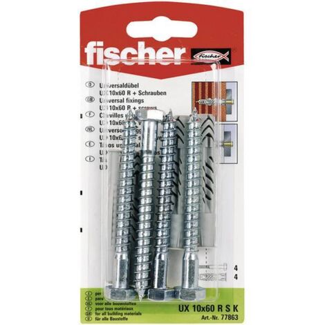 Fischer 4x tasselli universali UX 10 x 60 mm R S con bordo e vite - 77863