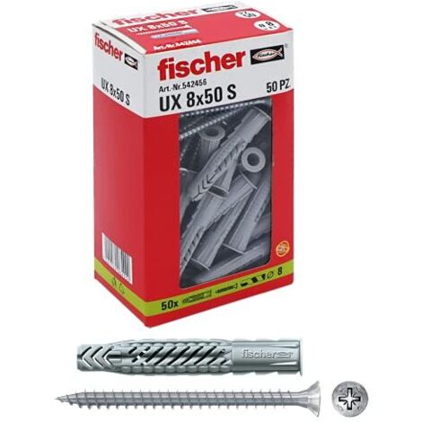 Fischer 50 Tasselli UX con vite, 8 x 50 mm con vite, per Muro pieno, Mattone Forato, Cartongesso, 542456, Grigio