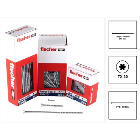 Fischer 50x Power-Fast II FPF II CTP 6 x 200  mm BC enkkopf mit Innenstern TX30 Teilgewinde galvanisch verzinkt blau passiviert - 670696