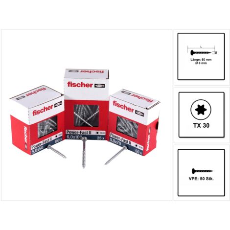 Fischer 50x Power-Fast II FPF II PTF 6 x 60  mm BC an Head mit Innenstern TX Vollgewinde galvanisch verzinkt blau passiviert - 670532