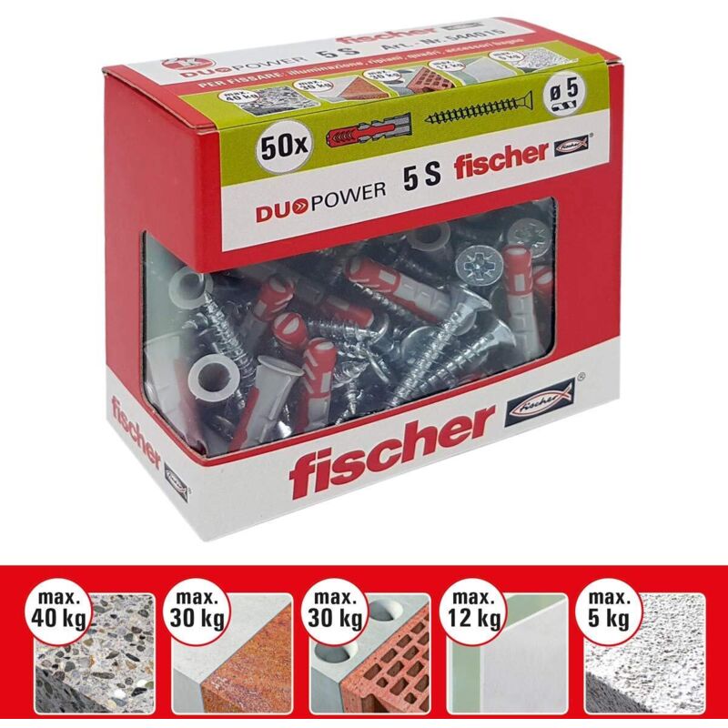 Fischer 544015 cheville avec vis pour Murature pleines, perforées et cloison sèche, gris, 5 x 25 mm, lot de 50 pièces