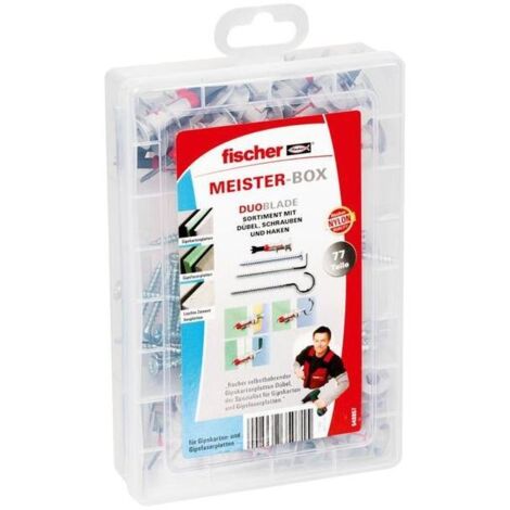 FISCHER 548857 MEISTER-BOX DUOPLADE - CAJA ORGANIZADORA CON 77 TACOS DUOBLADE (TORNILLOS Y GANCHOS, TACOS AUTOPERFORANTES PARA P