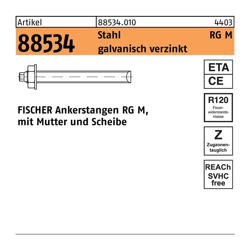 Ankerstange R 88534 m.Mutter/Scheibe RG M 16 x 190 Stahl galvanisch verzinkt Stahl - Fischer