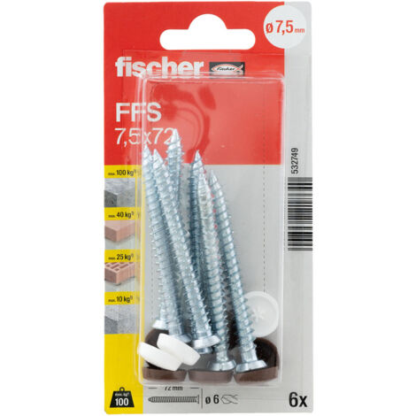 Fischer – Blister de 6 vis pour menuiseries FFS Ø7,5 x 72 mm – Capuchons blanc et brun foncé – Fixation solide pour bois dur