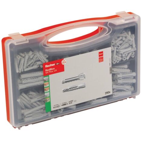 Fischer – Boîte de chevilles universelles UX/SX 290 pièces – Plastique résistant – Pour béton, plaques de plâtre, briques perforées – Couvercle transparent - C20926