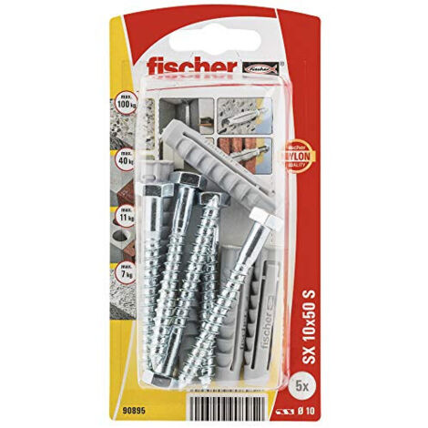 Fischer – Bouchons à vis 10x50mm – Pack de 5 unités – Nylon pour béton, maçonnerie et plâtre – Quadruple expansion pour fixation sécurisée