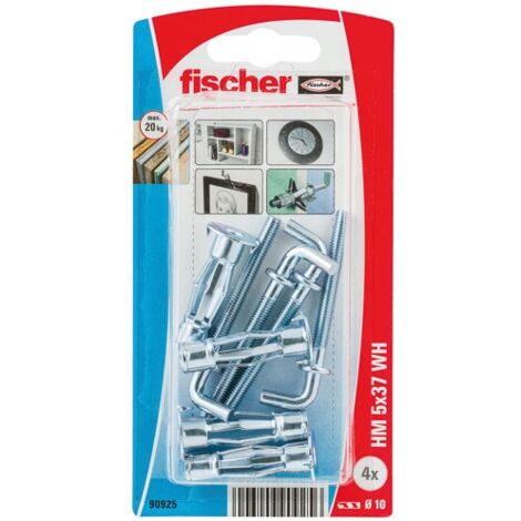 Fischer – Cheville à expansion pour corps creux – Longueur 37 mm – Métal électrozingué – Lot de 4 chevilles et crochets droits - HM 5 X